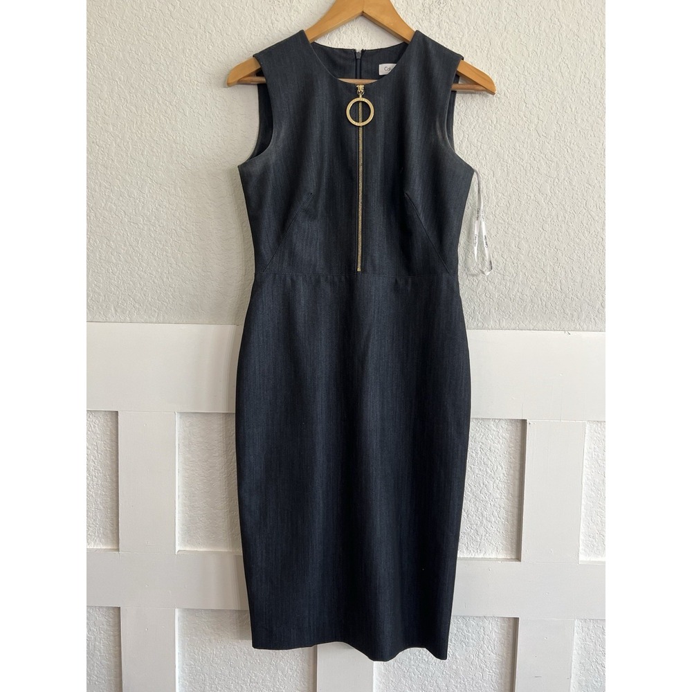 Calvin Klein 4 Denim Blue Sleeveless Sheath Dress Gold Ring Zip Front Midi